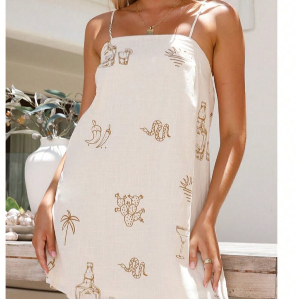 Brown Casual Women's Spaghetti Straps Backless Graphic Print A-Line Slip Dress - Picture 1 of 5